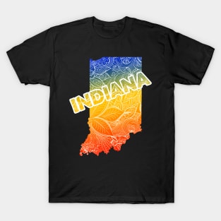 Colorful mandala art map of Indiana with text in blue, yellow, and red T-Shirt